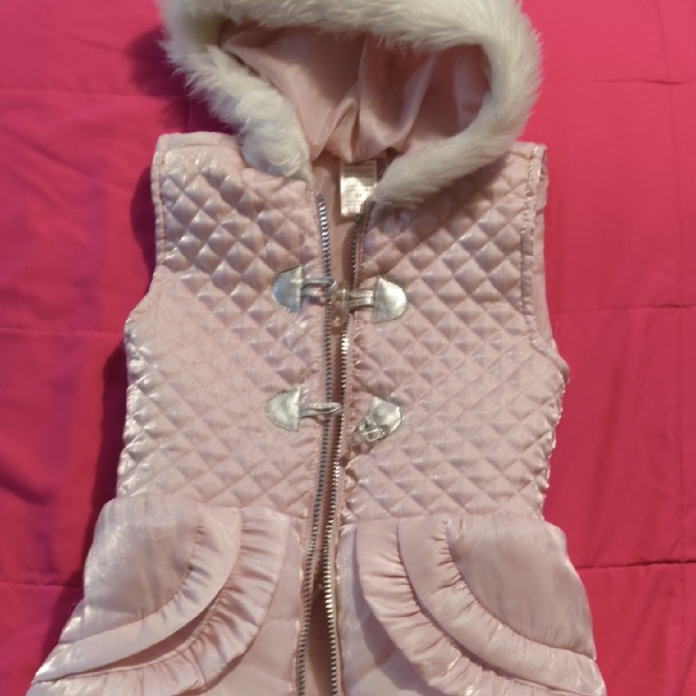 Little Lass Pink Quilted Vest with Faux Fur Hood